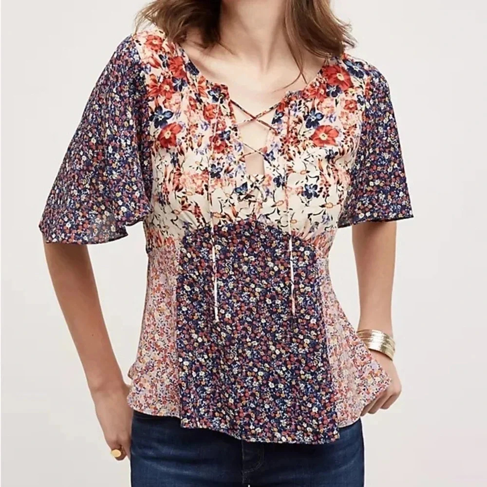 Anthropologie HD in Paris Palo Alto Floral Lace Up Flutter Sleeve Blouse Size 2